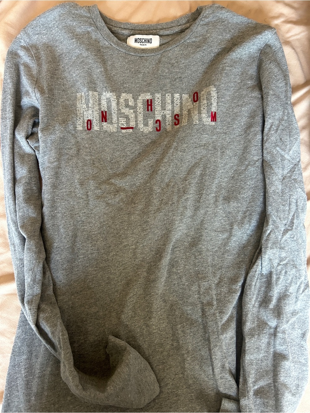 Moschino Gray Long-Sleeve Logo Tee with Red Accents